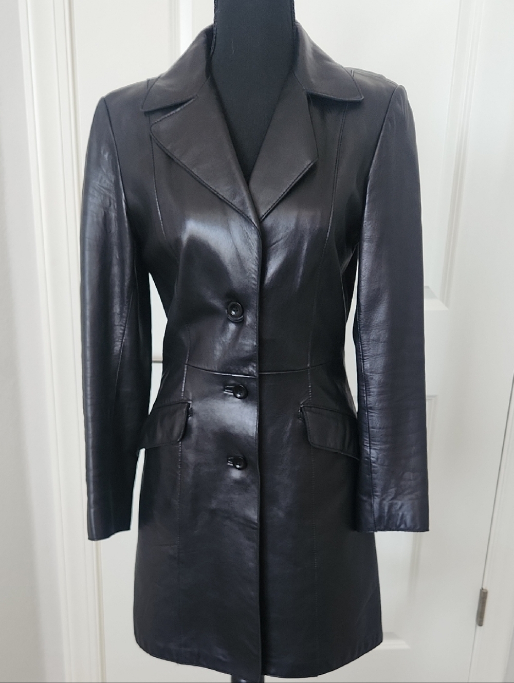 bebe Black Leather Tailored Blazer Coat